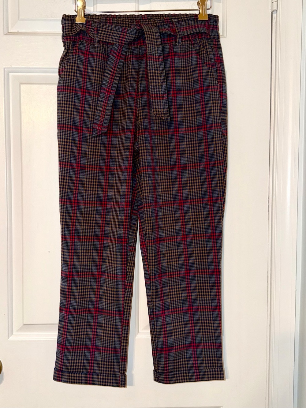 Altar’d State Plaid Tie-Waist belted cuffed  Trousers brown red blue S